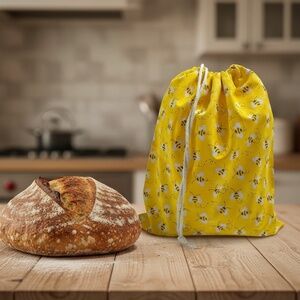 Yellow Bumblebee Cotton Bread Bag, Reusable Sourdough Storage, Bee Kitchen Decor